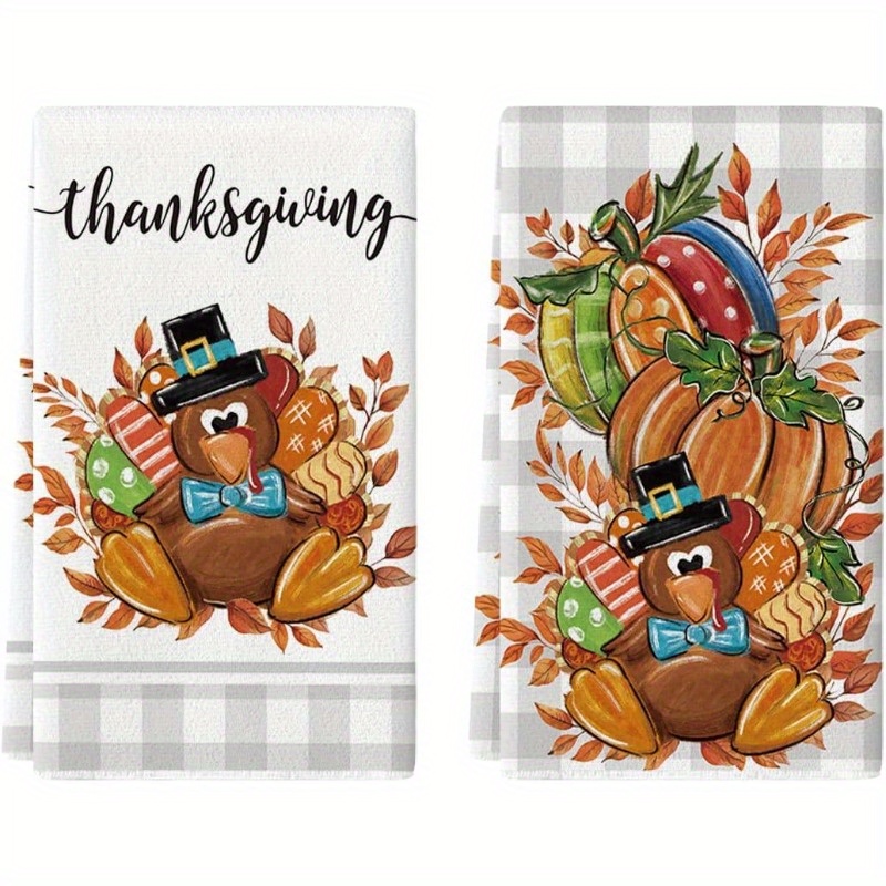 

2pcs Thanksgiving Turkey Kitchen Towels - 18x26 Inch, Autumn Pumpkin Leaf Design, Soft Polyester Hand Towels For Holiday Decor, Cartoon Turkey With & Bow Tie, Theme, Machine Washable