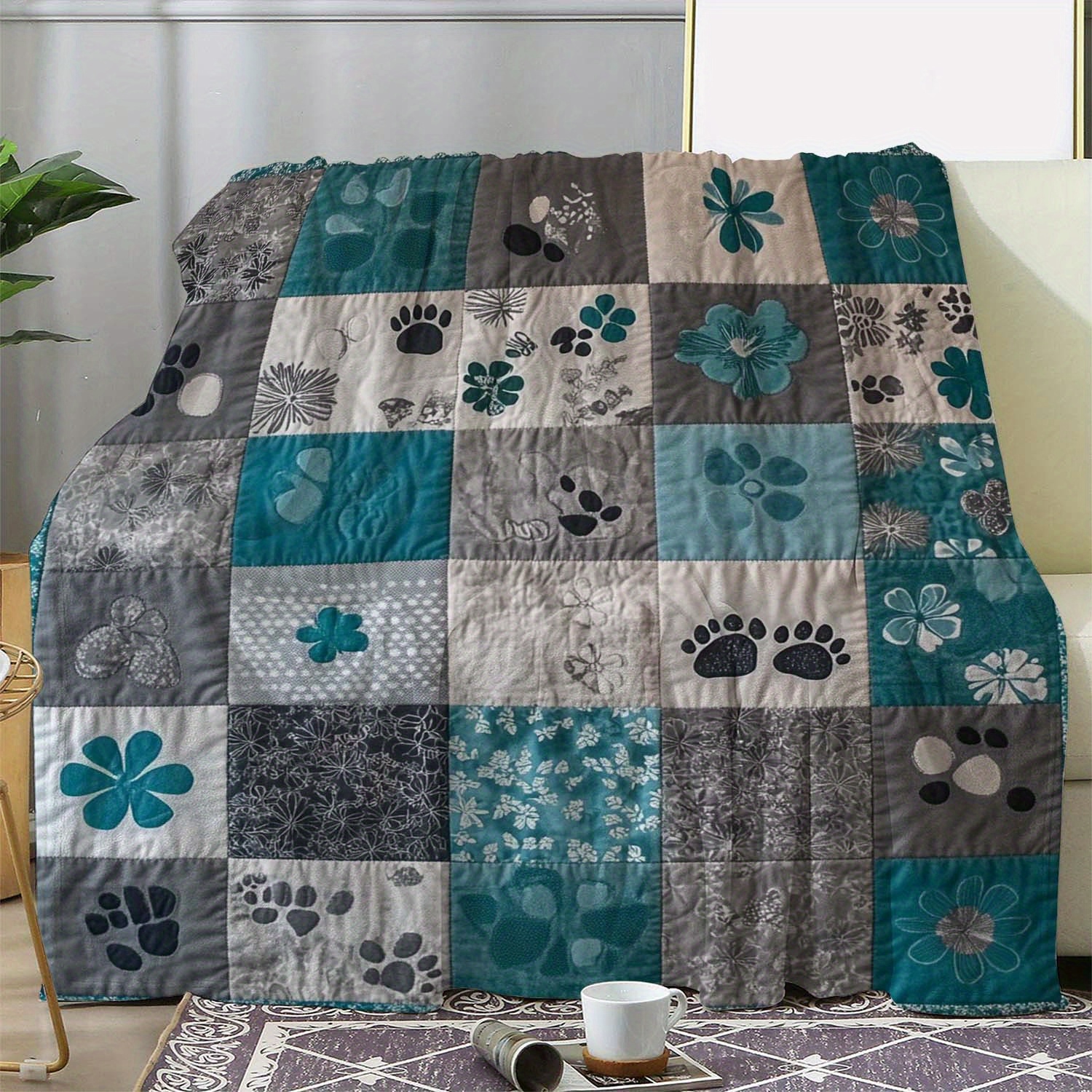 TEMU 1 Comfortable Flannel Quilted Blanket With Paw And Floral Patterns - Soft, Warm, Cozy For Sofa, Bed, Car, Office, Camping, Travel - Ideal Gift,
