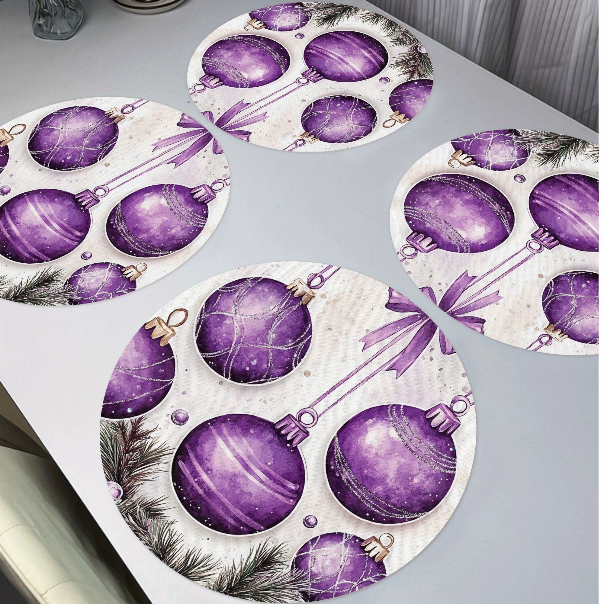 

4pcs Purple Christmas Ornaments Placemats, Christmas Table Mats For Home Decor Non-slip Washable Table Mats Place Mats For Daily Banquet Party Dining Table Decoration 15
