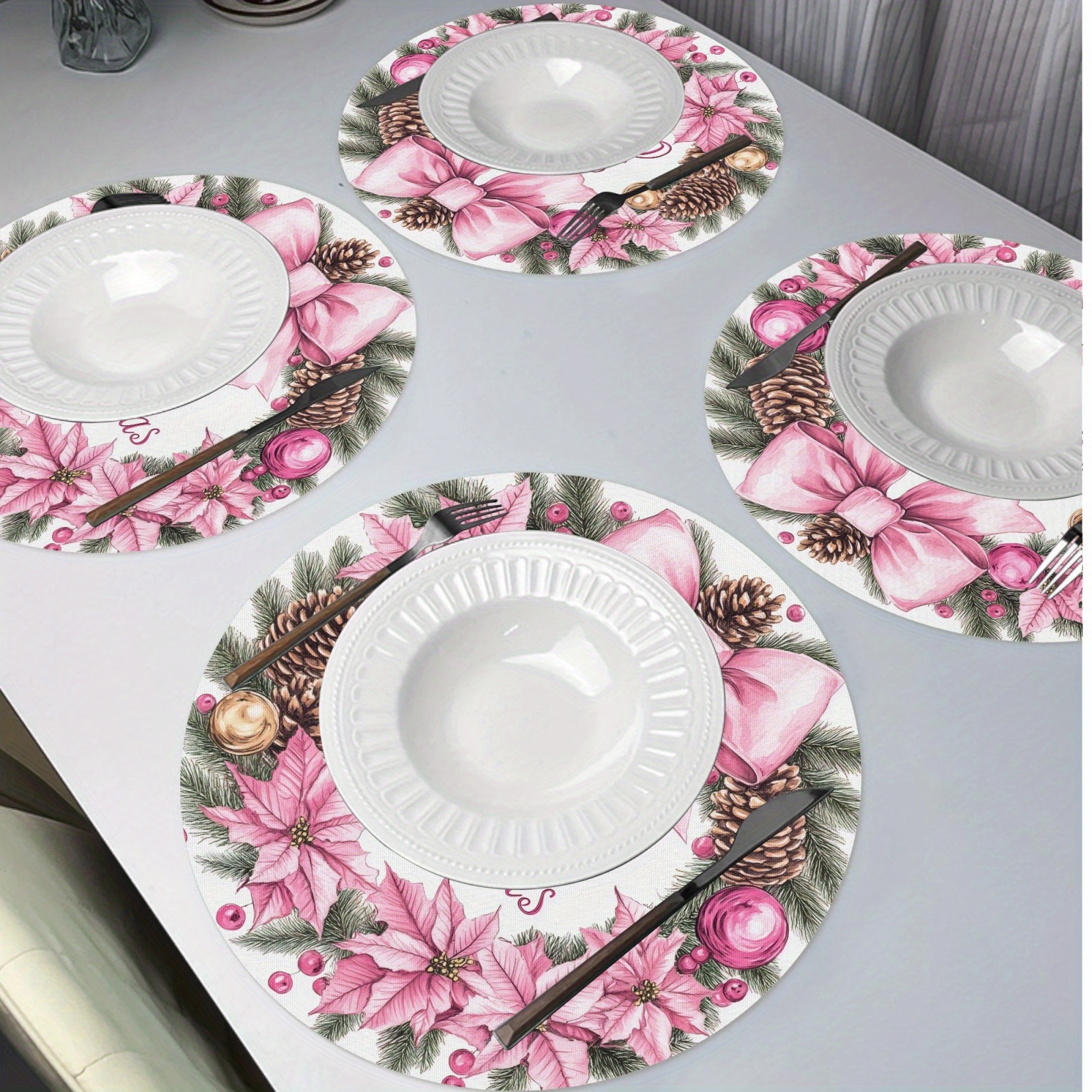 

4pcs Round Placemats Bow, , & Accents (1) , Christmas Decor, , Table