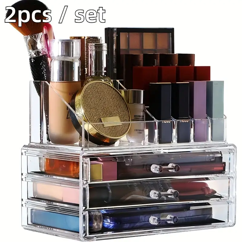 2pcs set acrylic jewelry and cosmetic storage boxes contemporary style multipurpose rectangle organizer with drawers stackable transparent dressing table accessory no electricity needed jewelry boxes Product details 4