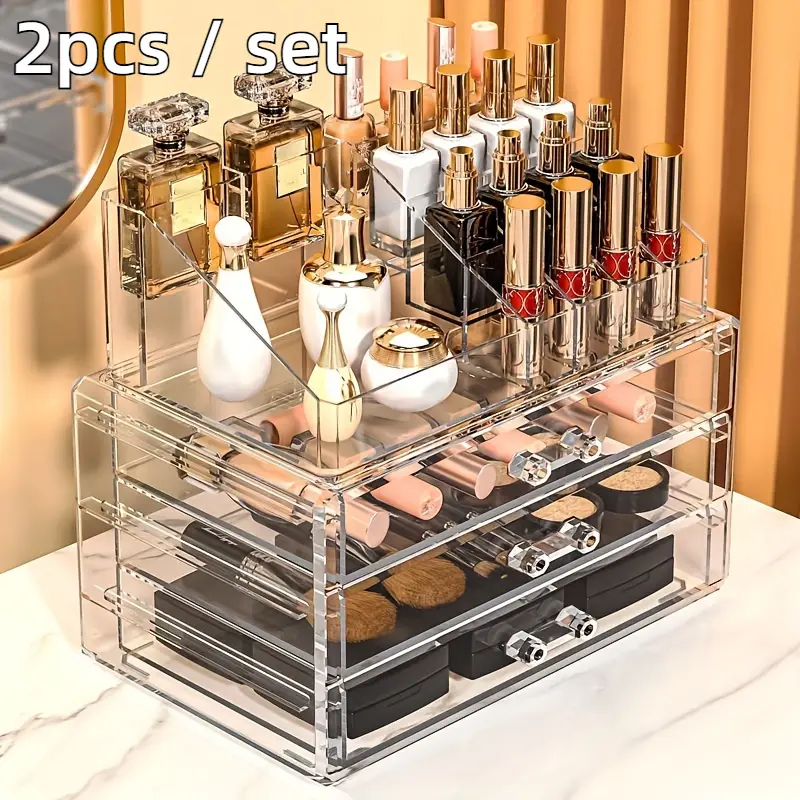 2pcs set acrylic jewelry and cosmetic storage boxes contemporary style multipurpose rectangle organizer with drawers stackable transparent dressing table accessory no electricity needed jewelry boxes Product details 1