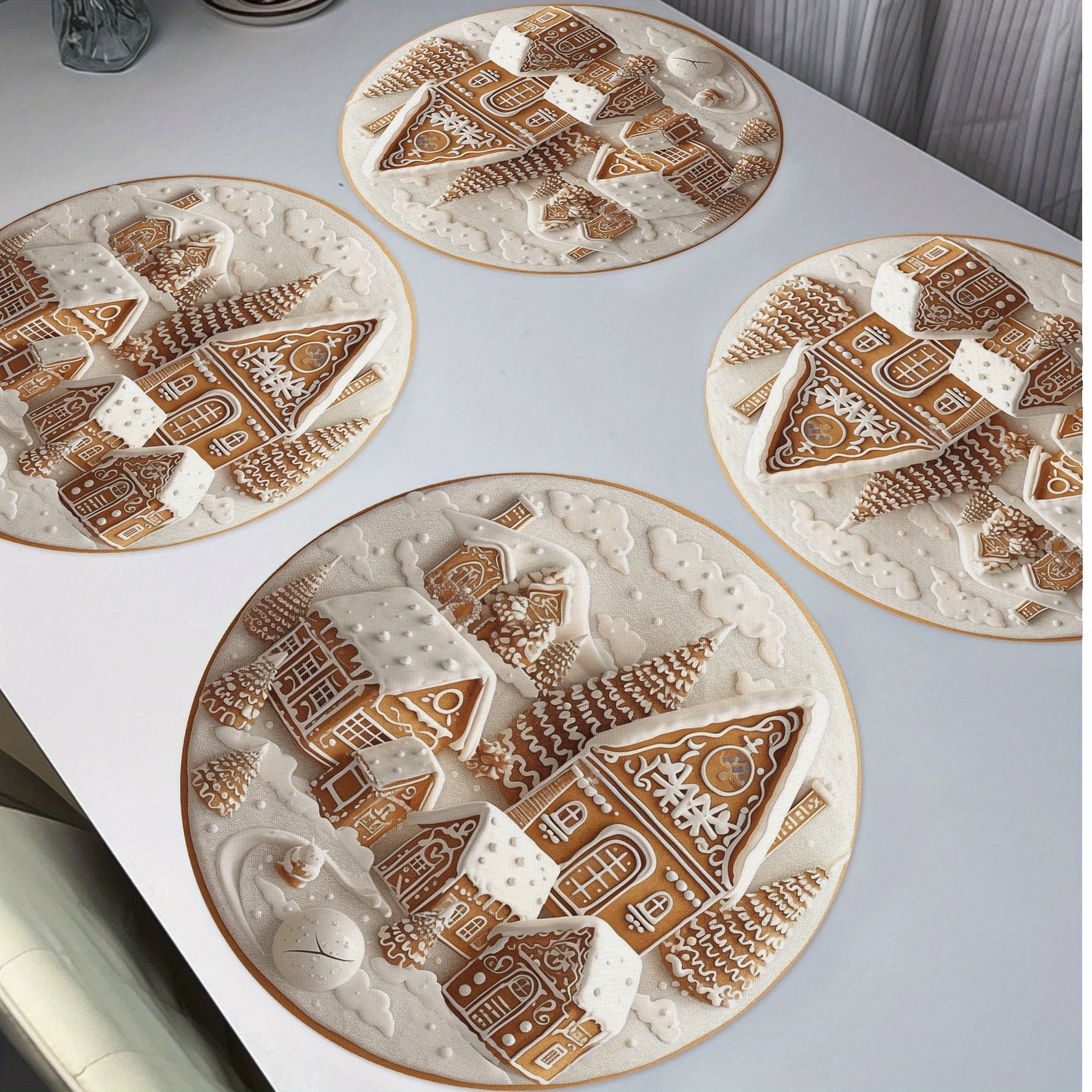 

4-pack Polyester Round Placemats With Christmas Design, Non-slip, Hand Washable Woven Table Mats For Holiday Dining Decor, 15" Diameter