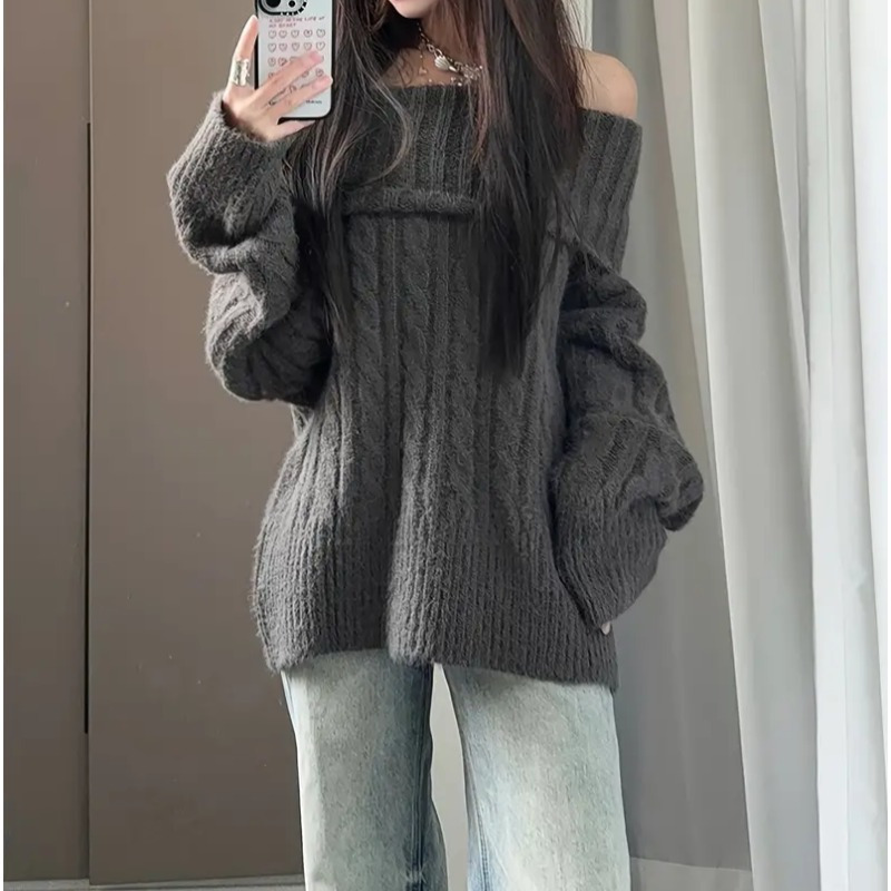 

1pc Women's Casual Loose Knit Sweater - Polyester High Neck Off-shoulder Cable Knit Pullover For Fall/winter - Solid Top