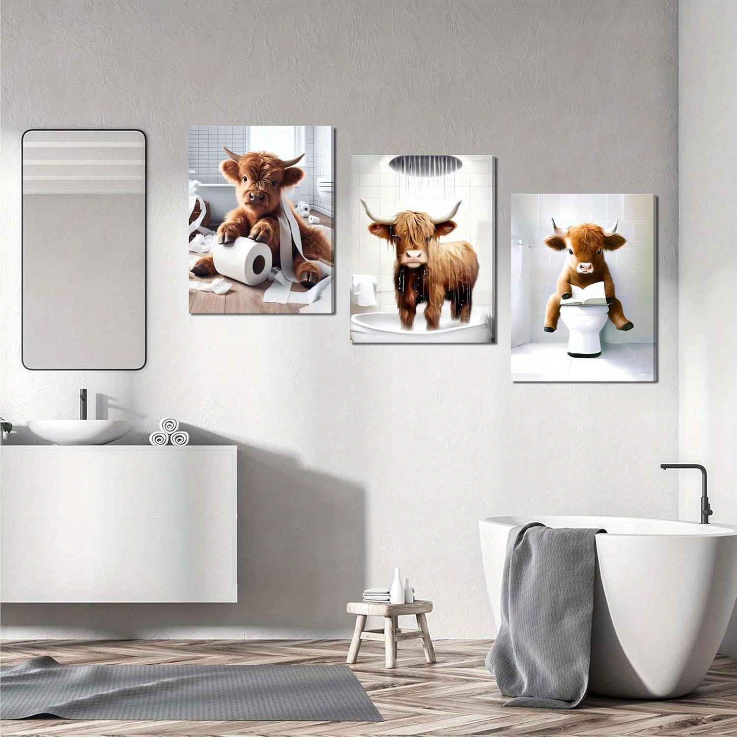 

Wrapped Canvas Funny Bathroom Highland Cows , Brown Cute Cow Animal Canvas Poster Of 3, Vintage Country Farmhouse Home Wall Decoration Painting Bathroom Toilet Mounting