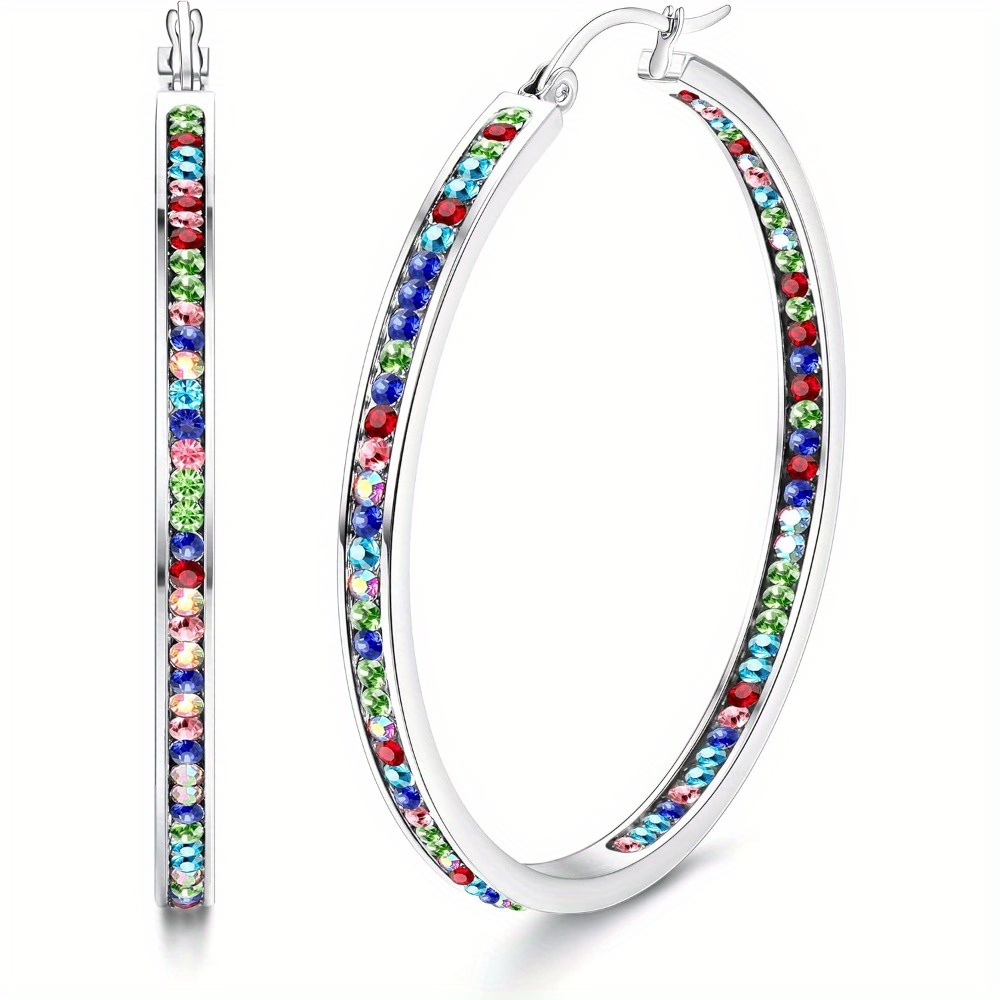 Image of 1pair Stainless Large Hoop Earrings Stainless Steel Hoop Earrings For Women Rhinestone Hoop Earrings Cute Earrings Jewelry Set, Best For Christmas