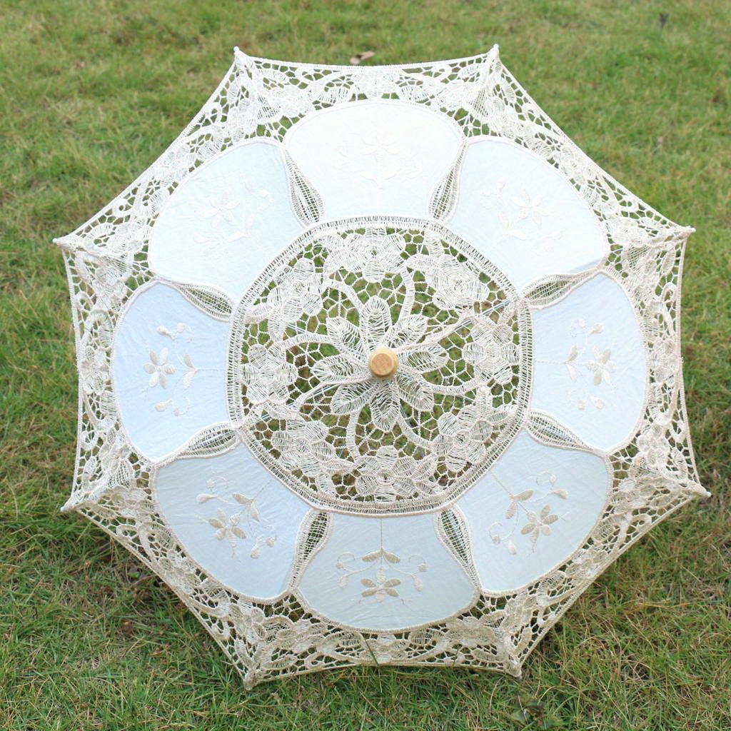 

Elegant Fairy-themed Lace Parasol With Vintage Wooden Handle, Woven Umbrella For Wedding Party Decoration