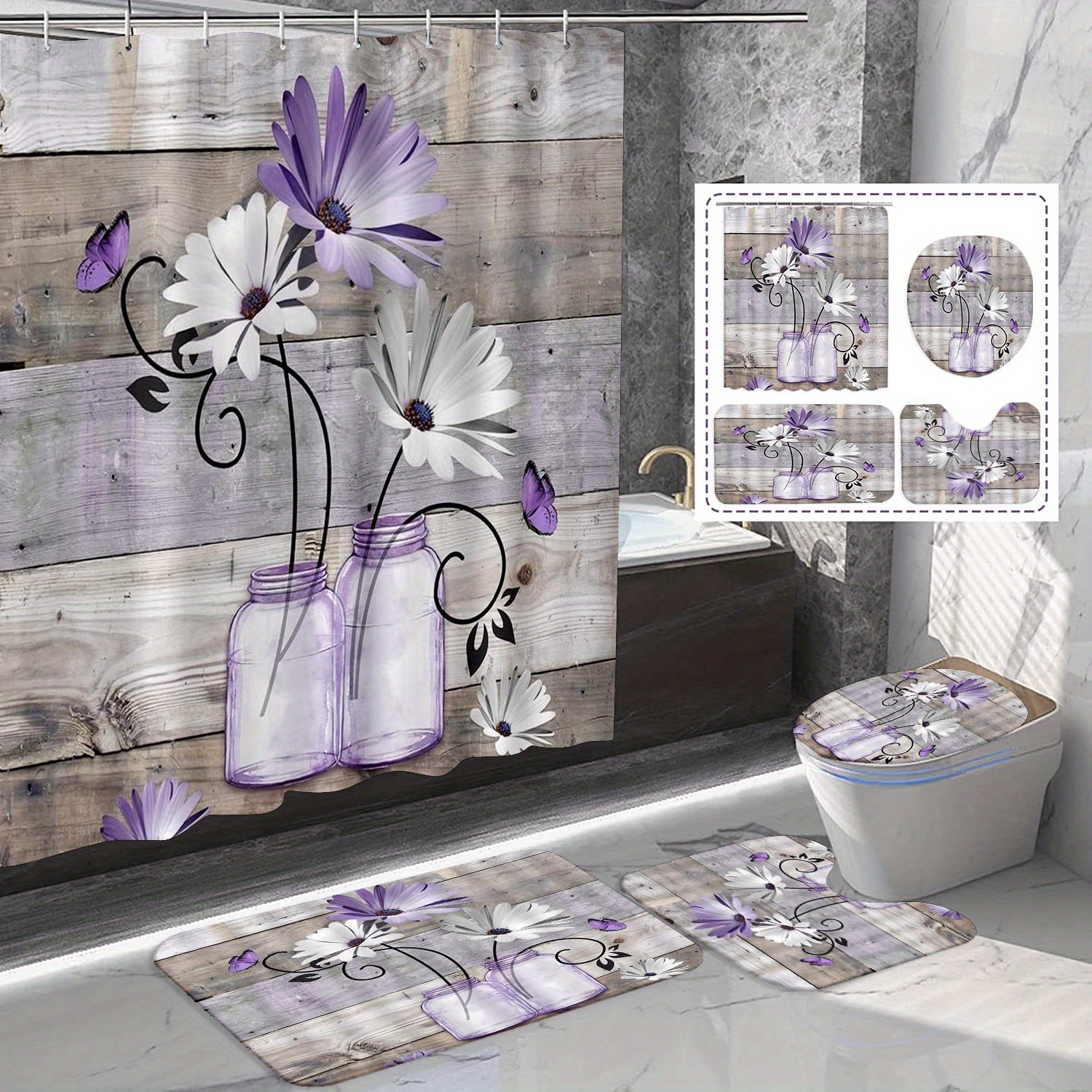 

1/4pcs Vase Shower Curtain Set, Pattern Decoration, Bath Mat Carpet, -shaped Mat , Shower Curtain, 71x71 , 12 , Bathroom Decoration