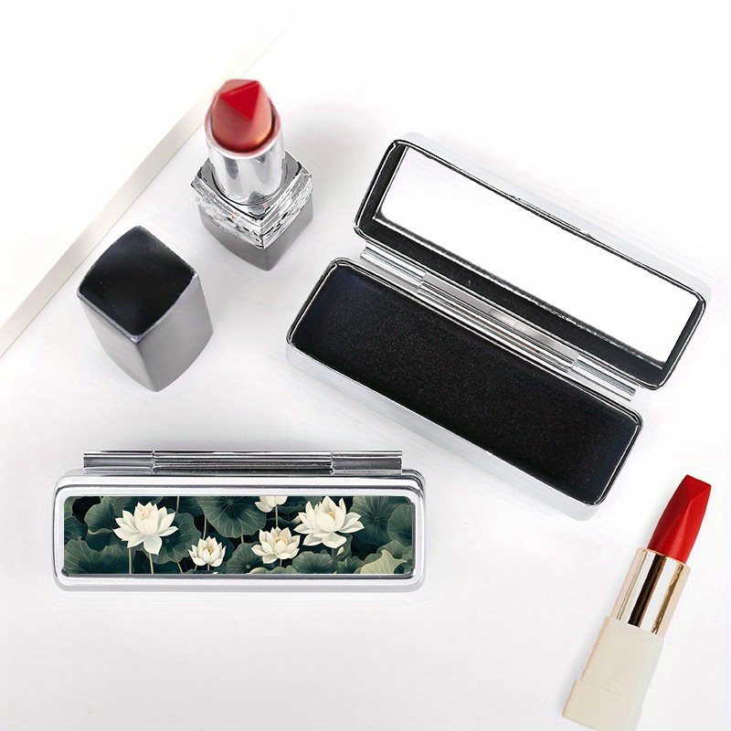 TEMU 1pc Retro Lotus Pattern Printed Fashion Lipstick Box, Lipstick Protective Case With Mirror, Single Person Carrying Storage Box, Mini Wallet