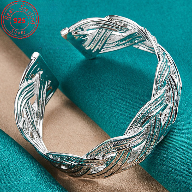 elegant adjustable 925 sterling silvery braided cuff bracelet   casual attire parties gifts details 0