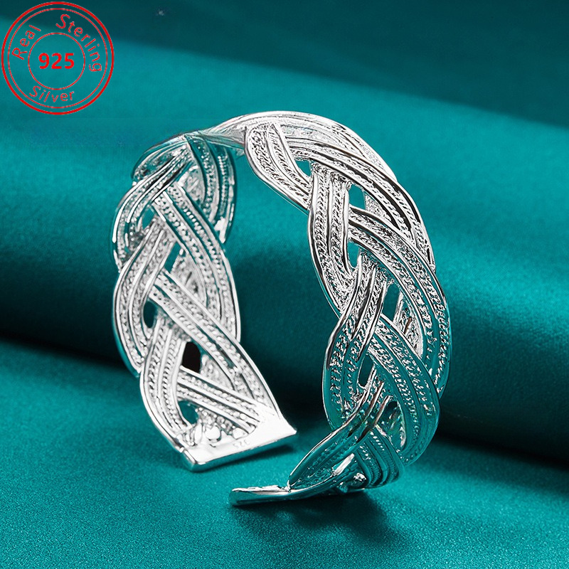 elegant adjustable 925 sterling silvery braided cuff bracelet   casual attire parties gifts details 2