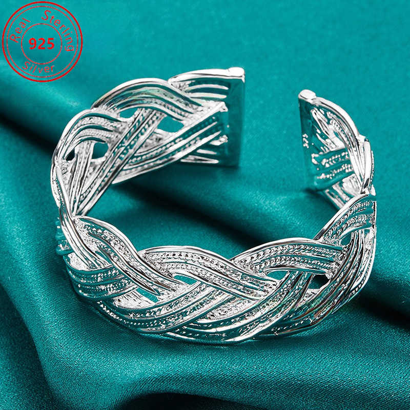 elegant adjustable 925 sterling silvery braided cuff bracelet   casual attire parties gifts details 3