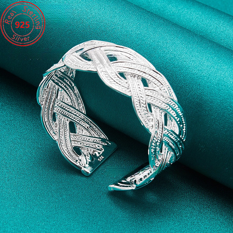 elegant adjustable 925 sterling silvery braided cuff bracelet   casual attire parties gifts details 4