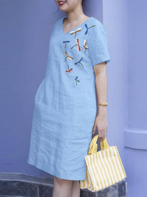 plus size plus size women loose size dragonfly embroidery v neck short sleeve pockets baggy lightweight casual daily holiday dress