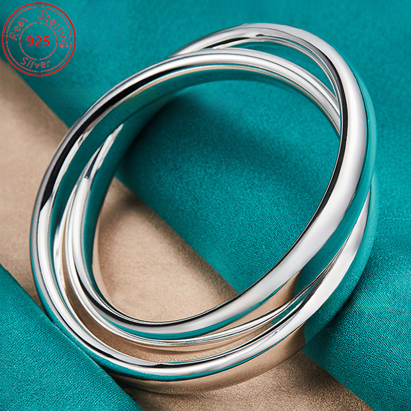 

925 Sterling Silver Double-loop Bangle - A Stylish, Luxurious, And Trendy Style - Suitable For And Banquets - Birthday - Thanksgiving - A Perfect Gift Of Feminine Charm Jewelry