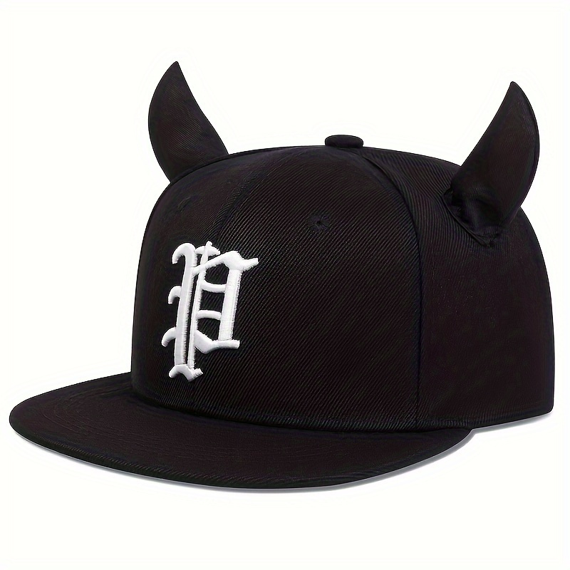 1pc Gothic P Letter Embroidered Women&#39;S Baseball Cap with Horns, 100% Polyester Hip Hop Hat, Adjustable Sun Protection Outdoor Leisure Hat for Spring Autumn Beach Vacation