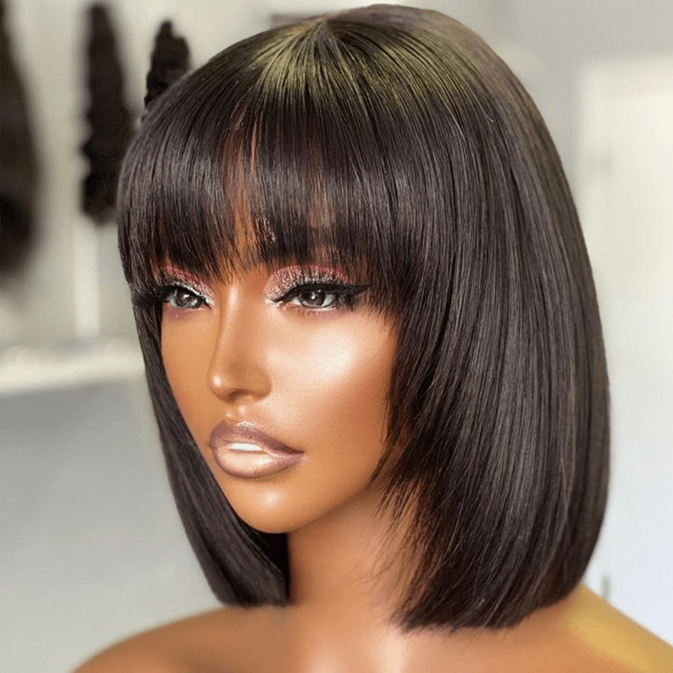 TEMU Perruque Bob Courte 100% Lisse avec Frange en Cheveux Humains, Perruque Bob Entièrement à , Perruque Lisse Colle pour Femme