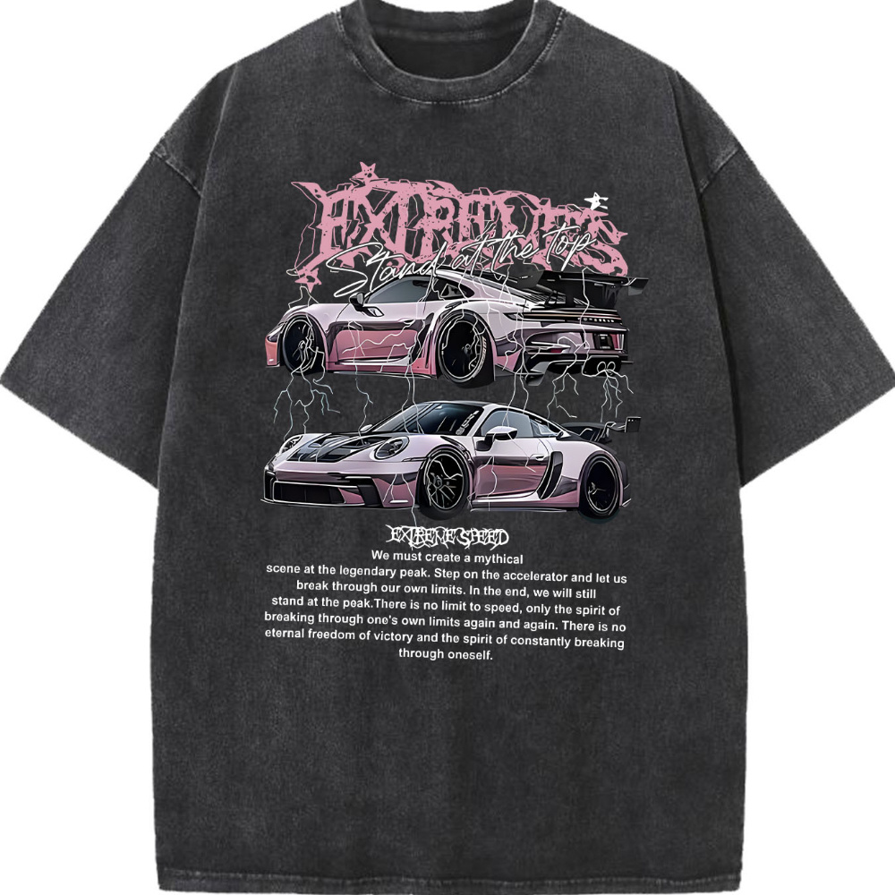 

Washed T-shirt Featuring Sports Cars With Lightning Effects, "extreme " Text, And Edgy Graphics , Classic Men's Round Neck T-shirt, Pure Cotton , Fashionable And