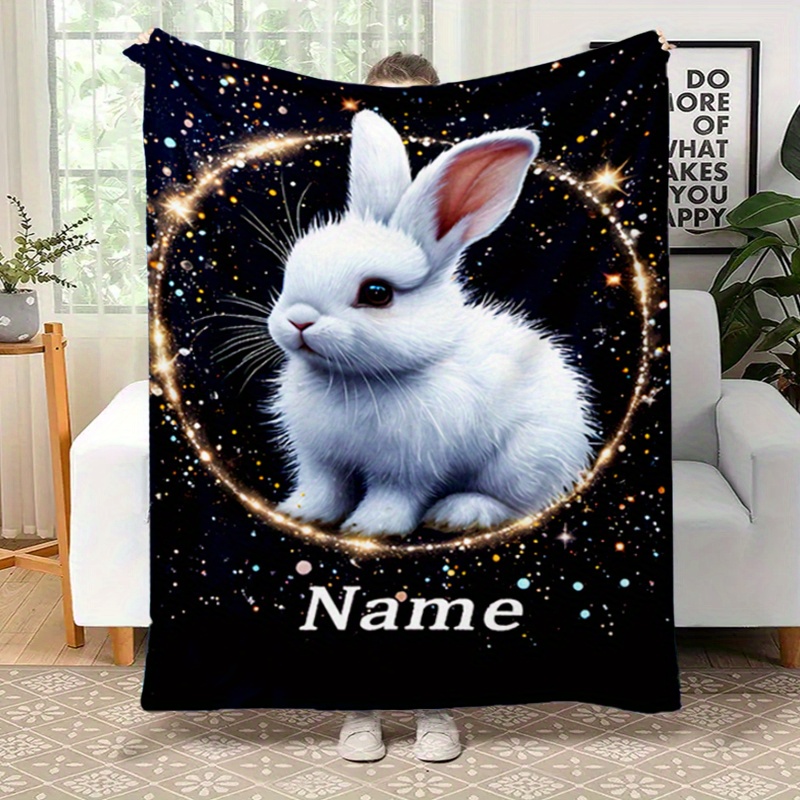 

1pc Personalized Rabbit Blanket Name - Flannel Fleece For Bed, Sofa, And - Knitted Bedspread - For Christmas And