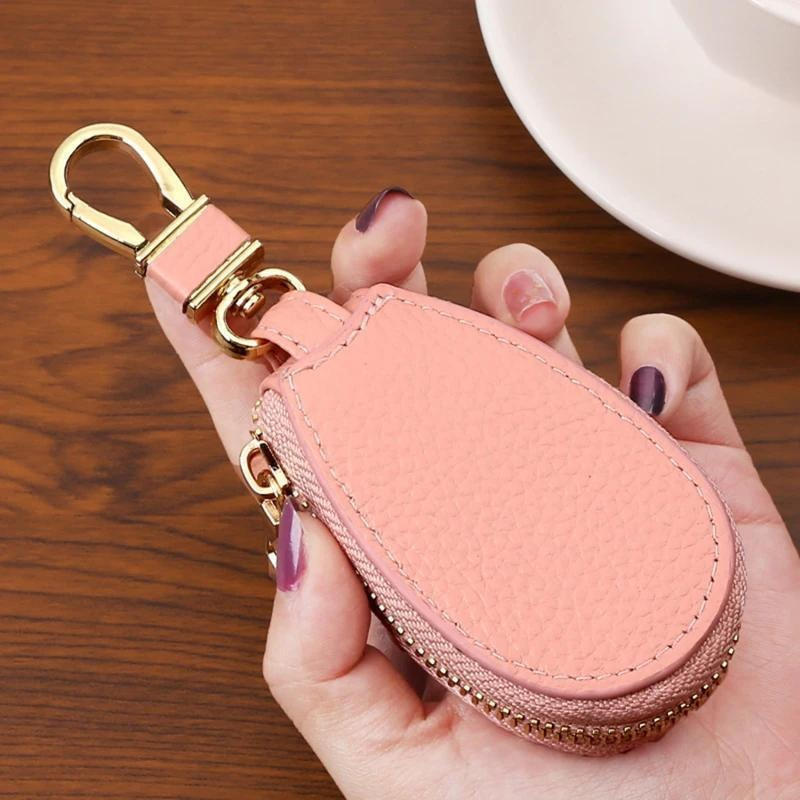 

Yaseenlin Pink Pu Leather Key Holder Bag – Stylish Round Organizer Pouch With Golden-tone Car Keychain, Compact Wallet For , Decorative Zipper Closure, Car Key Holder