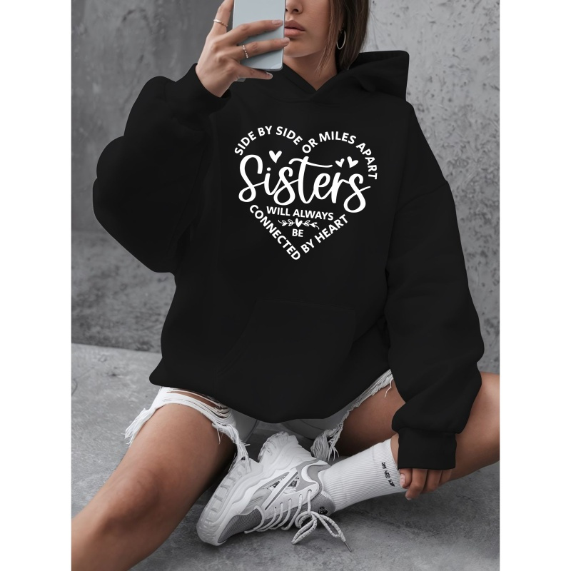 

Sisters Girls Plus Size Casual Sweatshirt Printed Round Neck Pullover, Women's Autumn And Winter Casual Long-sleeved Sweatshirt, Plus Size Women's Tops And Clothing (with Pockets)