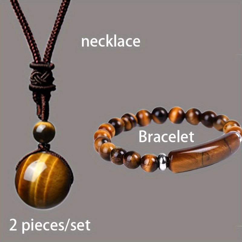 TEMU Set Of 2, Round Natural Eye Necklace,, Adjustable Braided Rope Natural Stone Pendant Necklace + Natural Stone Bracelet, Valentine's Day,