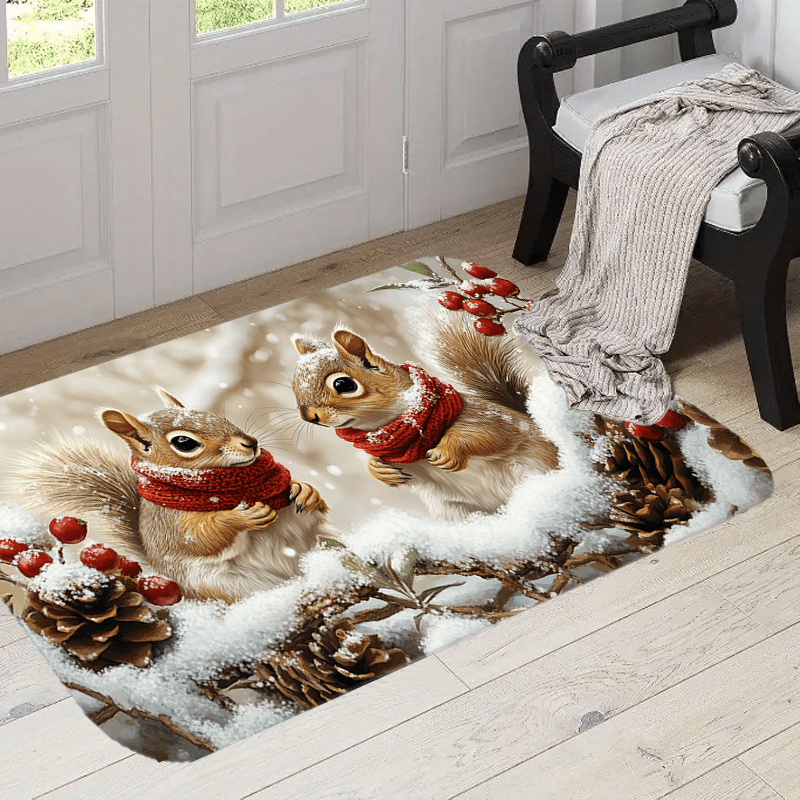 

Tapis de porte en polyester , scène de noël avec écureuils et pommes de pin, tapis de sol de fête 3D, décoration de Noël, lavable en machine, décoration pour et