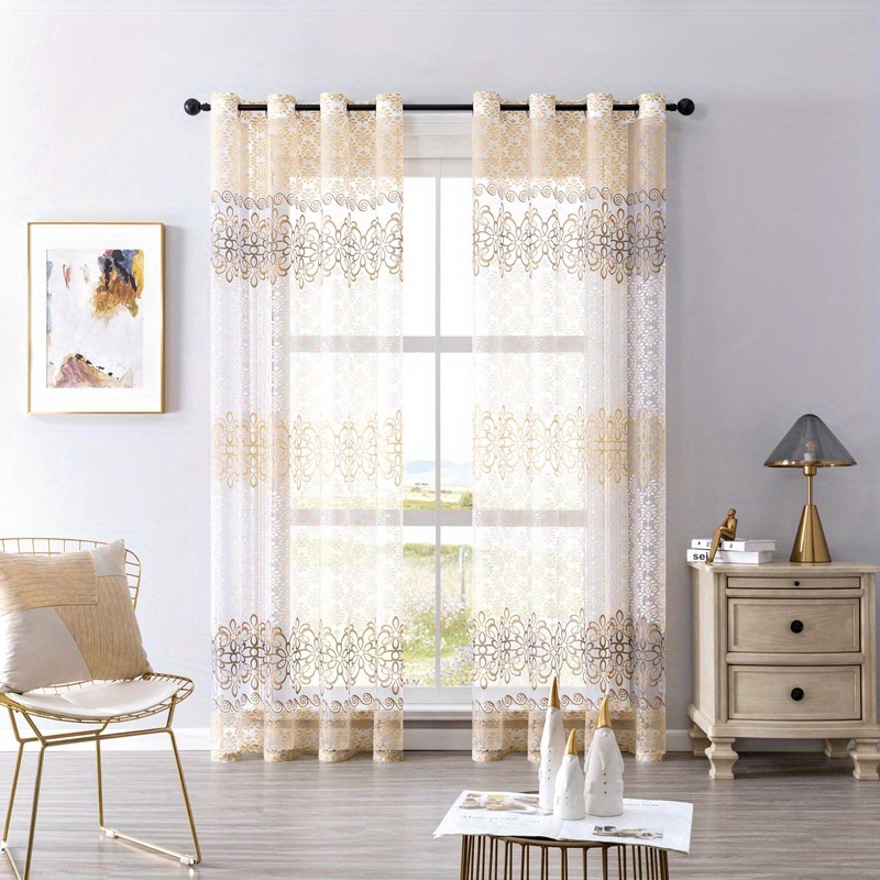 TEMU 2pcs Rideaux Élégants à Motif Floral avec Œillets - Polyester Semi-Transparent, Lavable en Machine pour Salon, Chambre, Décoration de Bureau