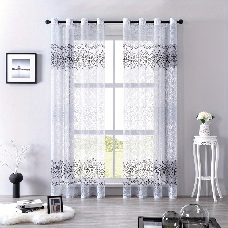 E-shop 2er-Set Elegante Blumen-Vorhänge mit Ösenkordelzug - Halbtransparentes Polyester, Maschinenwaschbar für Wohnzimmer, Schlafzimmer, Bürodekoration