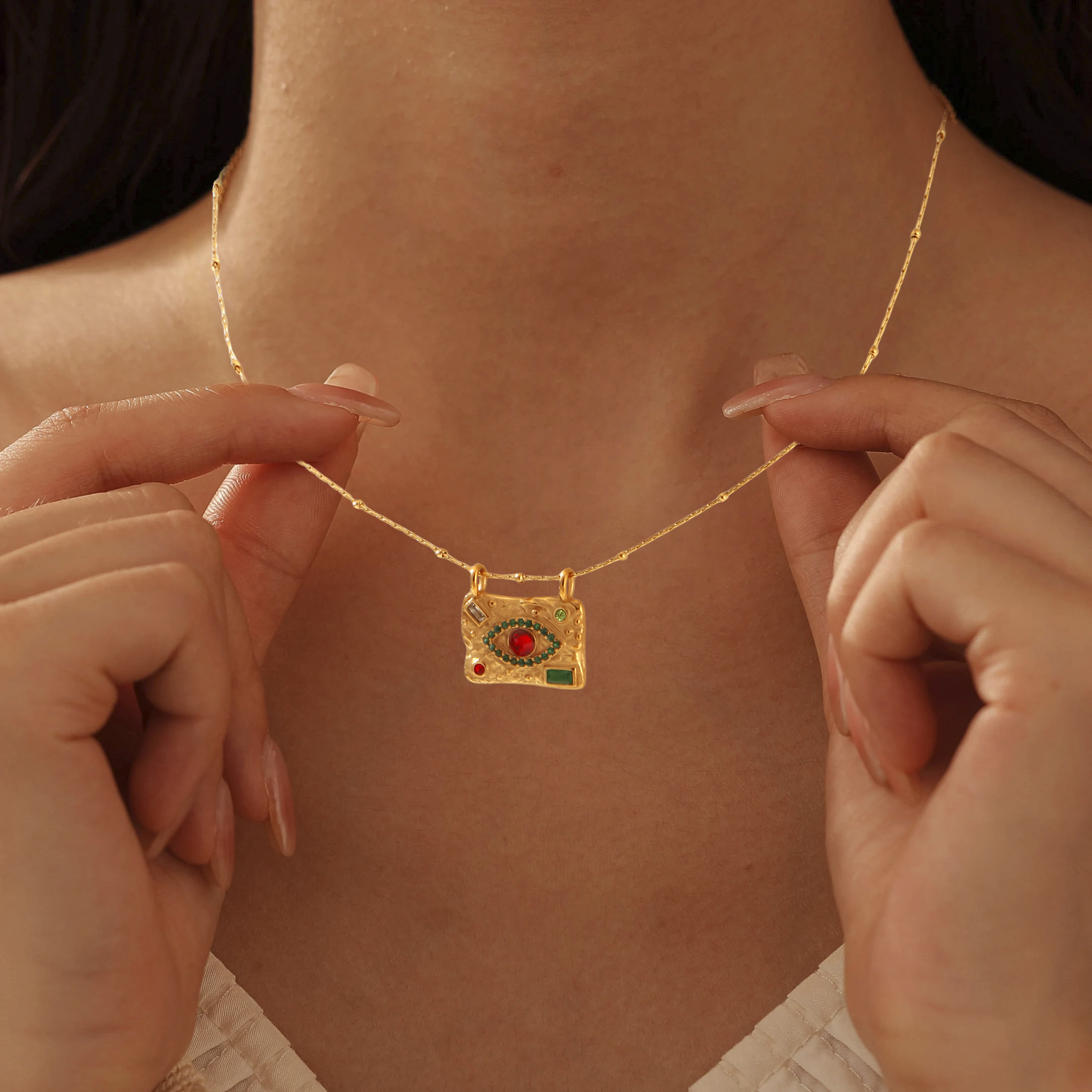 Vintage Boho Evil Eye Pendant Necklace for Women, 18K Golden Plated