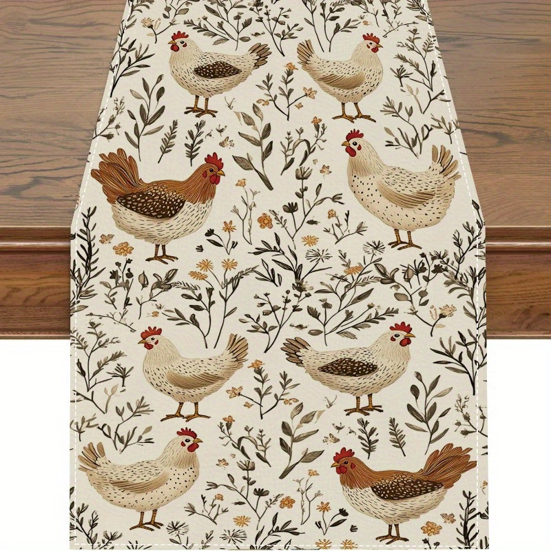 

1pc Rustic Rooster Hen Table Runner, Farmhouse Style Polyester Machine-woven Tablecloth, Holiday & Easter Dining Table Decor, Versatile Party Table Runner For Home & Kitchen Use, Tablecover Decor