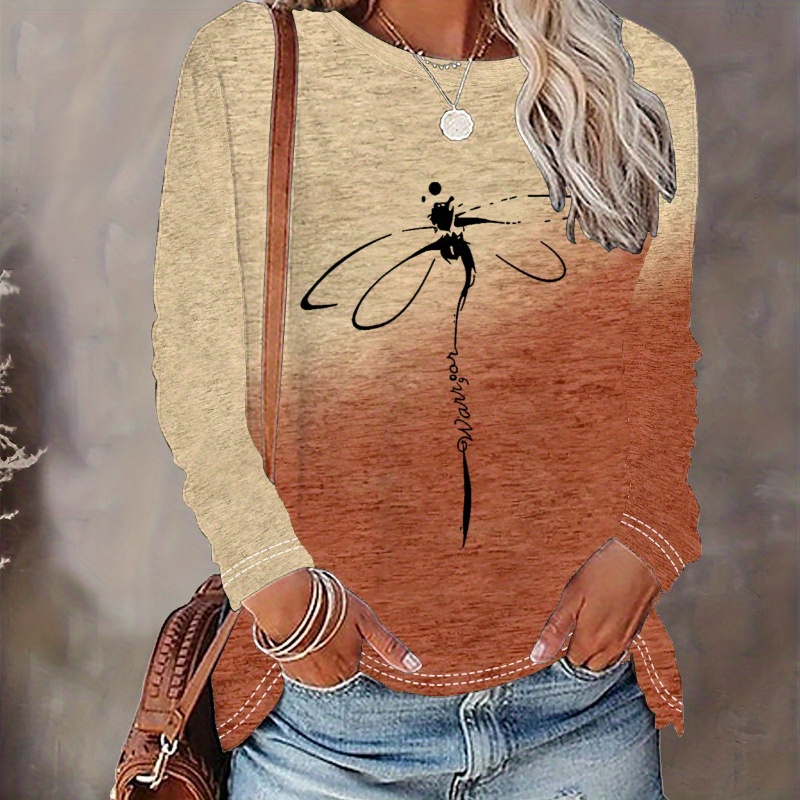 

Women's T-shirt With Dragonfly Print - Comfortable Long Sleeved Round Neck - For Spring And Autumn Casual Wear