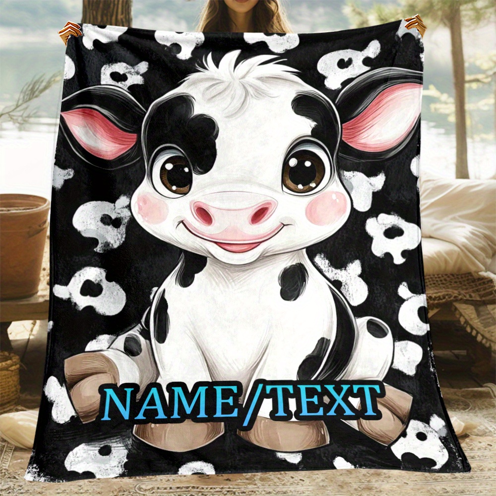 

1pc Personalized Cow Fleece Blanket - Customizable , And , For , Bed, - No Needed, Featherless, Polyester , For