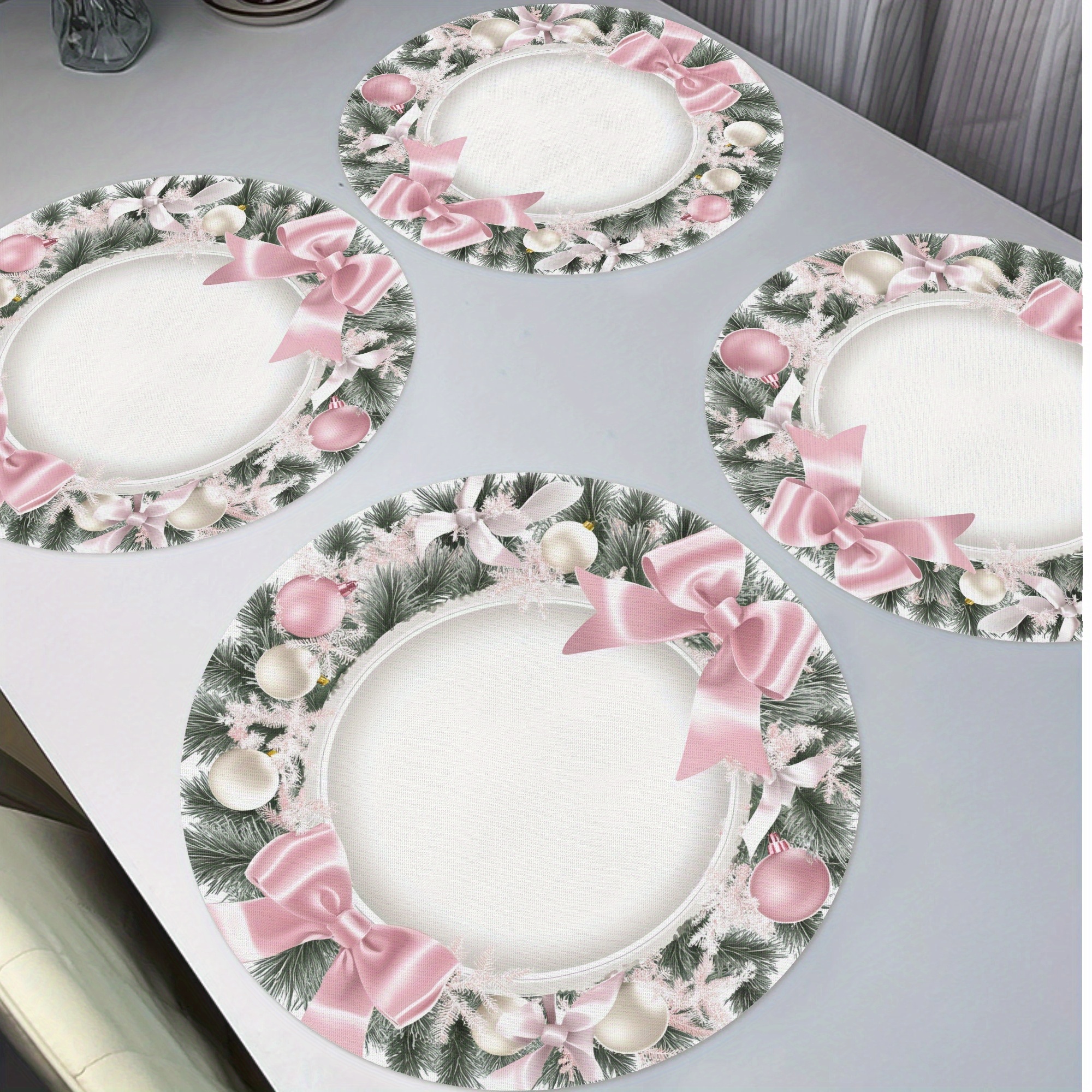 

4pcs Christmas Wreath Placemats, Bow Table For Decor Washable Place For Kitchen Banquet Dining Table Decoration 15