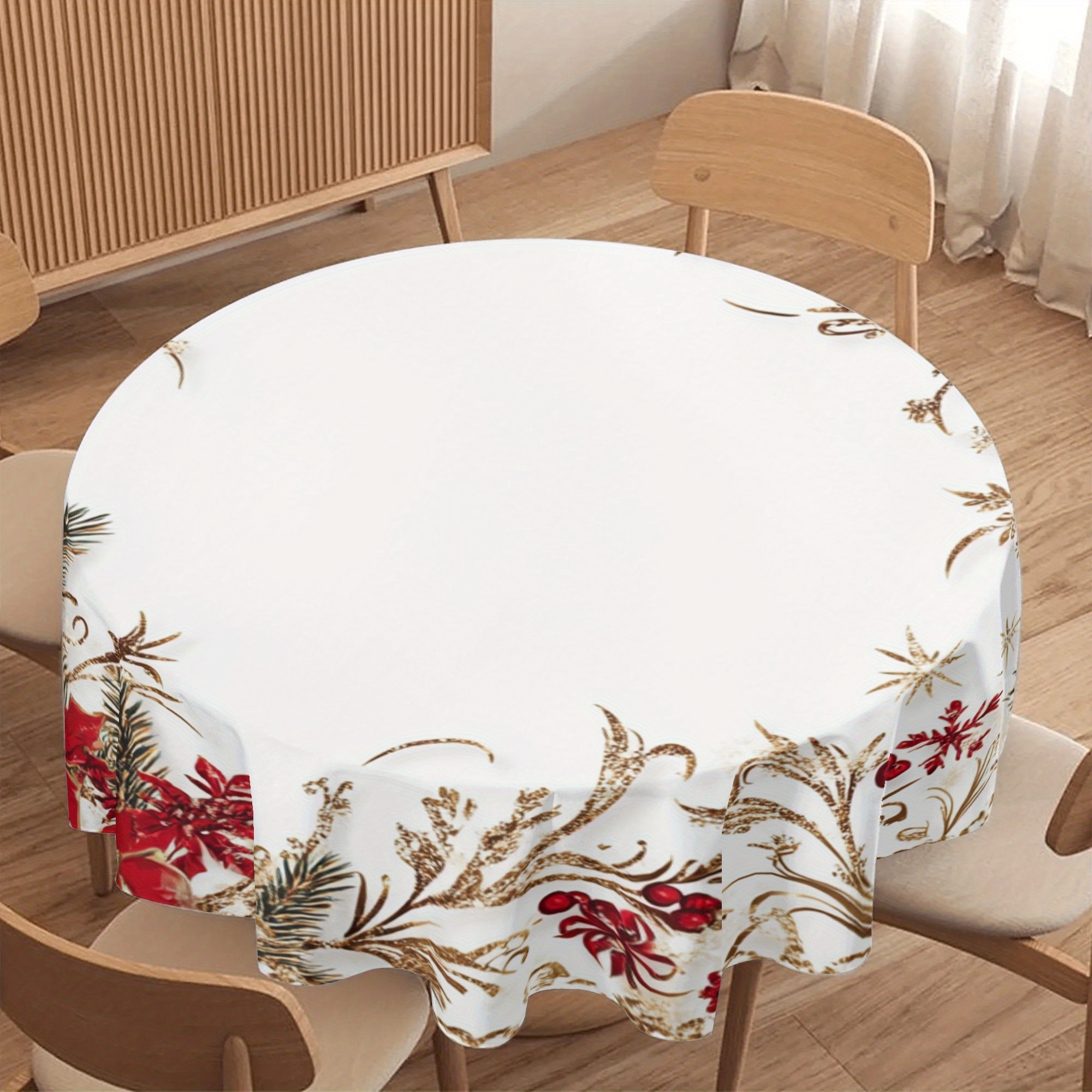 

1pc Polyester Round Tablecloth, 60" - Christmas Wreath , Pattern For Dining & Decor, Table