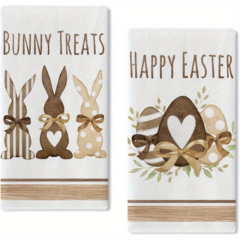 

2pcs Polyester Easter Kitchen Towels, 18x26 Inch - Bunny & Egg With Bowknot, Brown Polka Dot & Striped Designs, Machine Washable, Ideal For Spring Decor & Cooking, Dish Towels