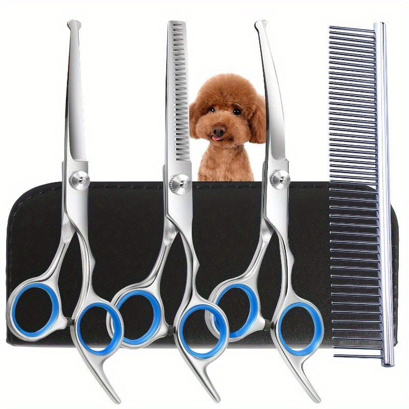 

4pcs Pet Grooming Set - Steel, Rounded & - Includes Straight, Thinning & Shears Comb And Bag