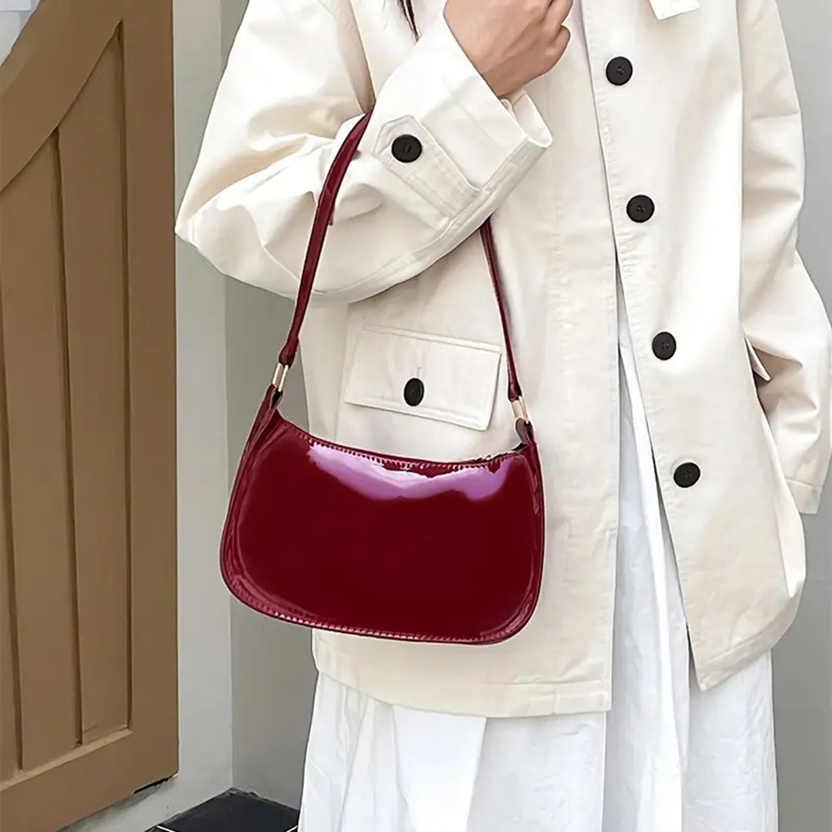 

Red Leather Shoulder Bag For Women - Vintage Style Handbag With Zipper Closure, Polyester , Hand Washable - Elegant Minimalist Crossbody Purse