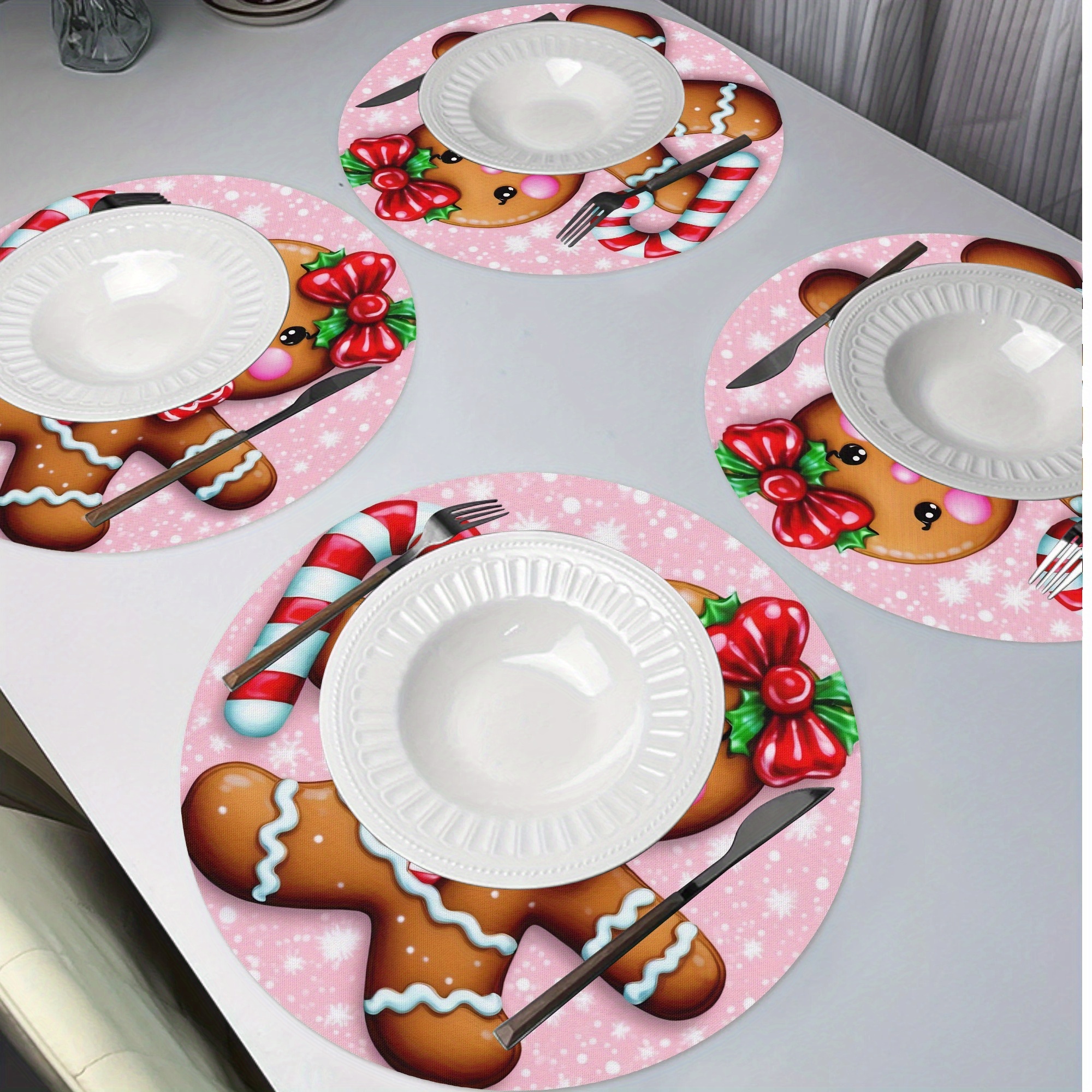 

4- Christmas Man Round Placemats, 15 Polyester Table , , , Decor, And Dining Use