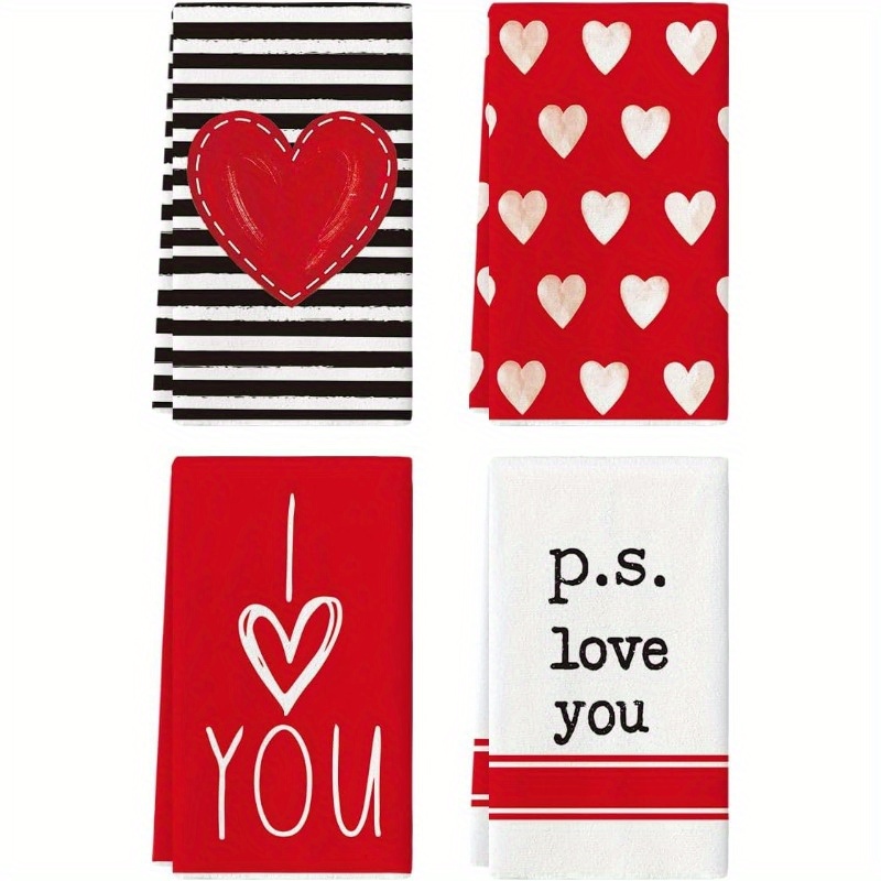 TEMU 4pcs Valentine's Day Kitchen Towels - Soft Polyester, Red Heart & Striped Designs With "i Love You" Phrases, Machine Washable, Ideal For Anniversary & Wedding Decor