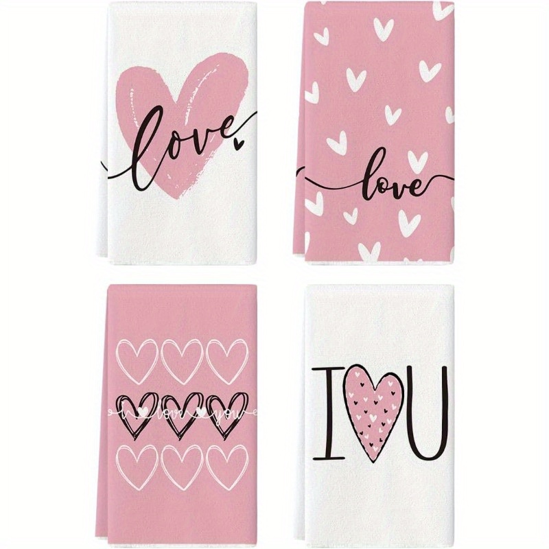 

4pcs Modern Valentine's Day Kitchen Towels Set, Soft Polyester Rectangular Dish Cloths, Theme Design, Machine Washable, 18x26 Inches For Anniversary & Wedding Decor