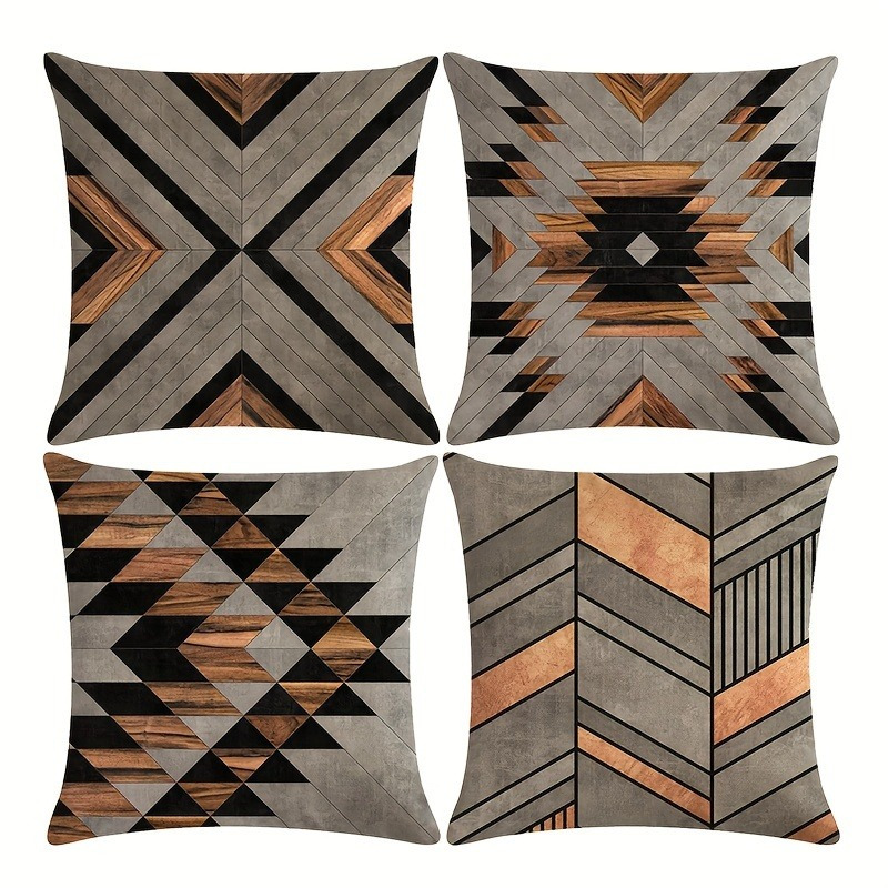 

4pcs Set Vintage Gray & Golden Geometric Throw Pillow Covers - Polyester , Zip Closure, Hand Washable - Living Room, Bedroom, Sofa Decor - 18x18 Inches