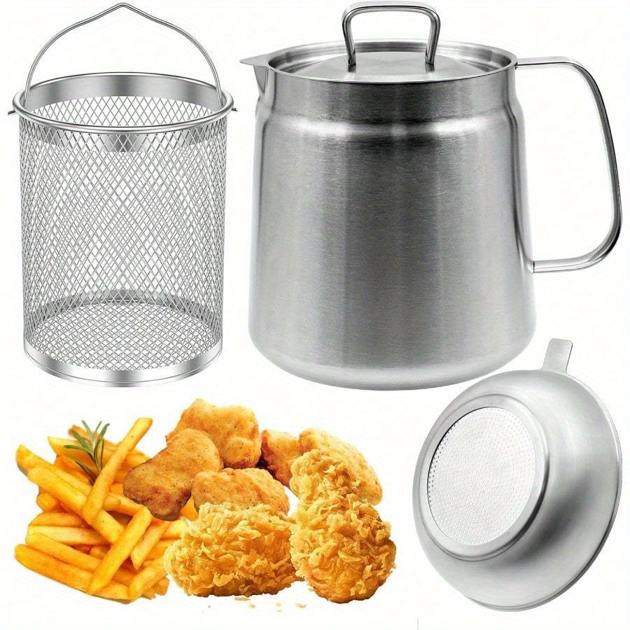 

2l Strainer Pot Fryer, 304 Stainless Steel Oil Filter Pot With Strainer & Deep Fryer Basket For Kitchen, Frying Net Grease Container