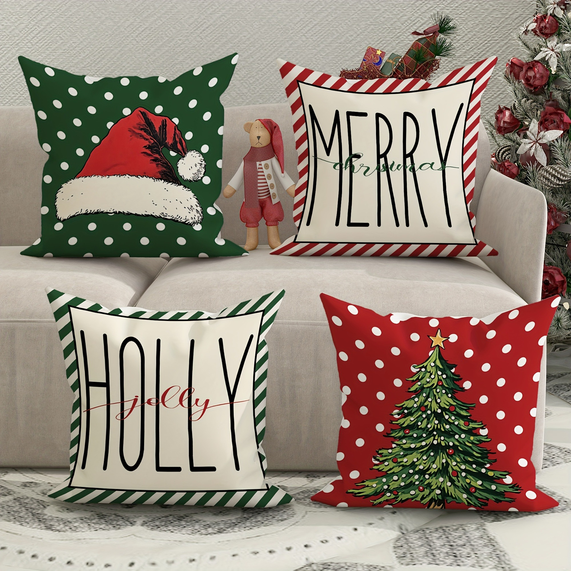 

4pcs Christmas , 18x18 , Polyester, Hat And Christmas , , Decorative , Polyester, , , Suitable For Sofa Bed Decoration