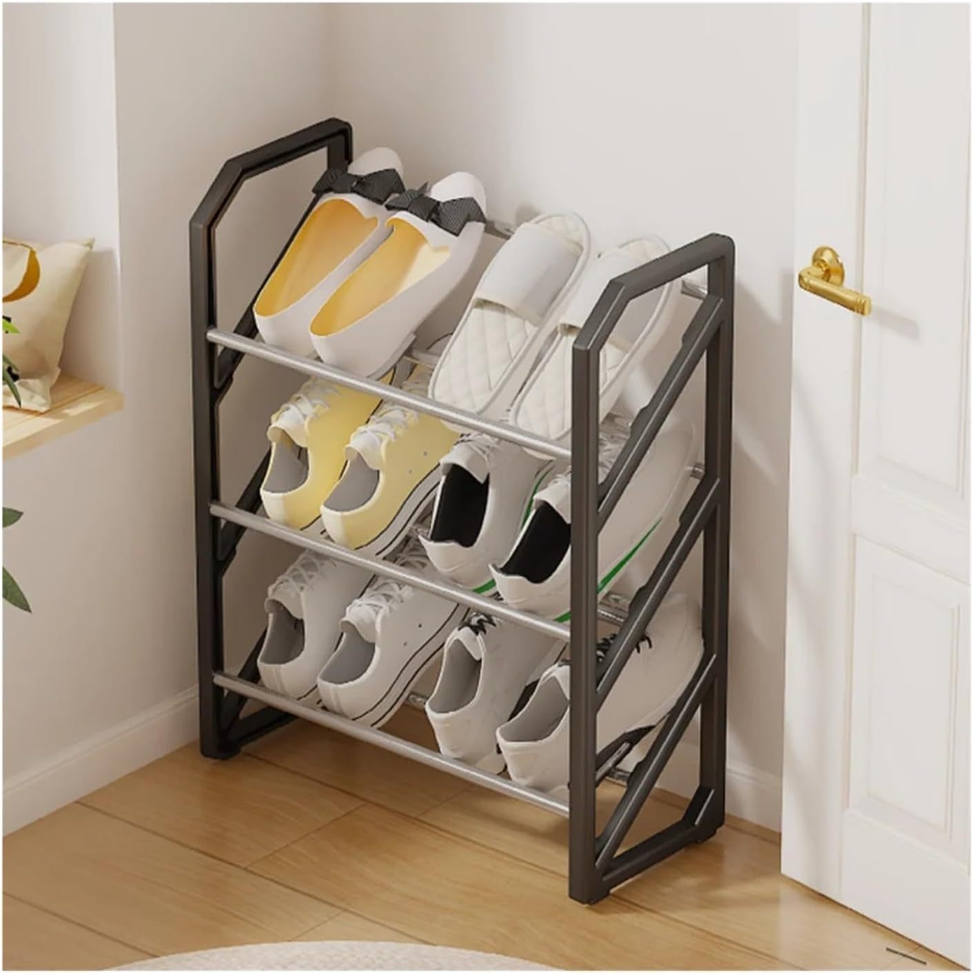 1pc   3 tier metal and plastic shoe rack stackable space saving shoe organizer for entryway garage and hallway storage fits multiple room types details 0