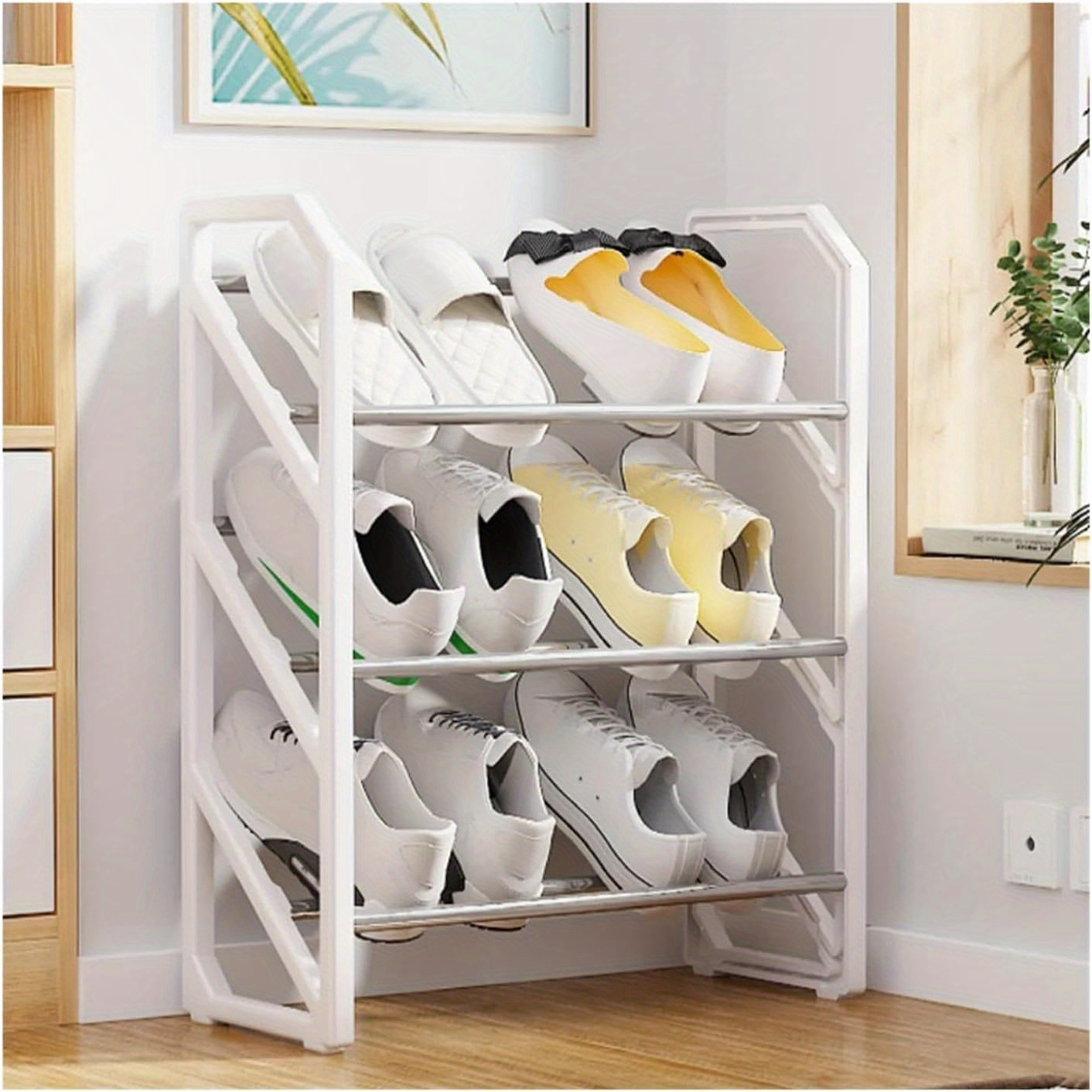 1pc   3 tier metal and plastic shoe rack stackable space saving shoe organizer for entryway garage and hallway storage fits multiple room types details 1