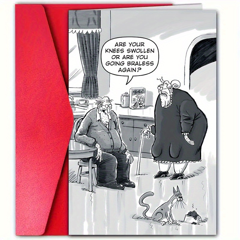 

1pc Humorous Birthday Card With Envelope, 12cm X 18cm - Elderly Couple & Cat Scene, Hand- - Family, Husband, Wife - Unique Greeting Card For Any , Funny Birthday Cards