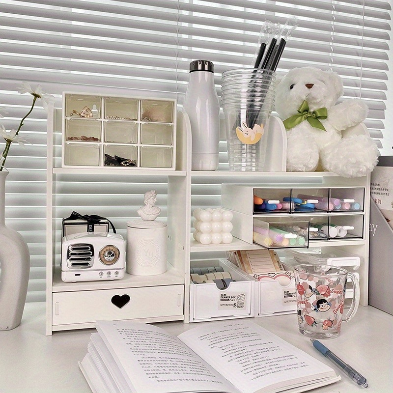 

White Wooden Desk Organizer With Drawer - Multi-tier Storage For Books, Stationery & Office Supplies - Ideal For Home Office, School, Or Bedroom Decor