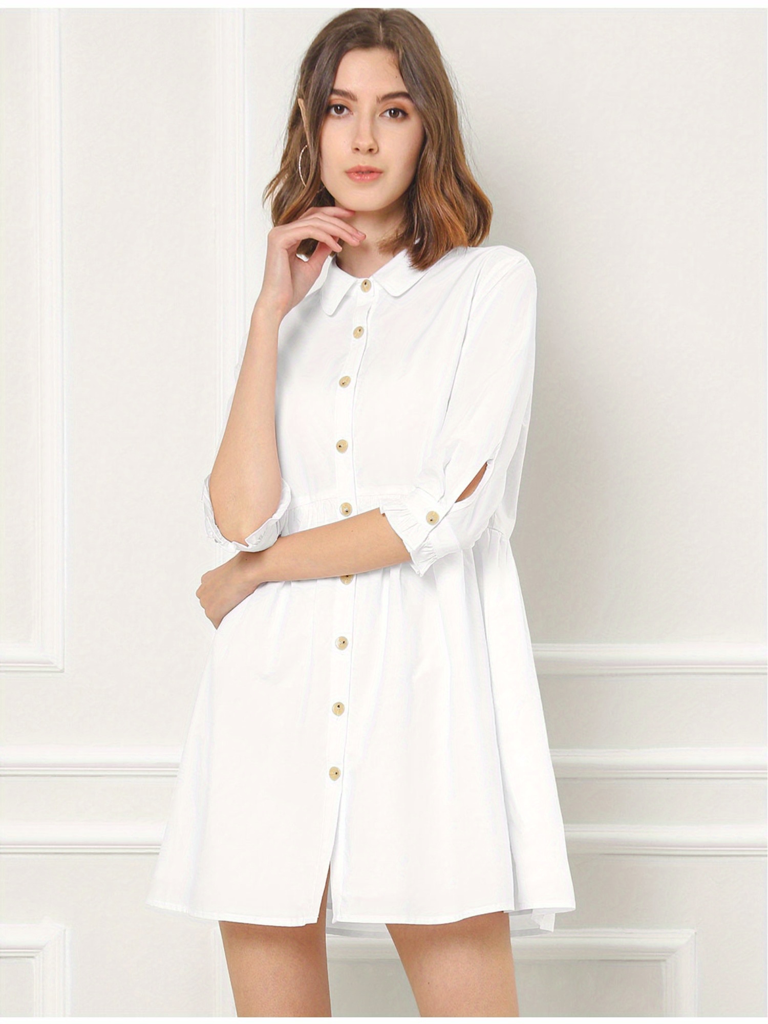 womens casual shirt dress ruched 3 4 sleeve button work mini - Temu
