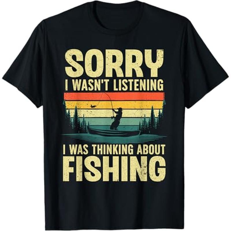 

Cotton Fishing T-shirt, 100 Neck Short Sleeve Tee With " I 't Listening I Was Thinking About Fishing" Print, Casual Knit Fabric Top For Adults - Black, Fishing Gear